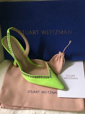 Stuart Weitzman XCurve Crystal 100 Slingback Heels in Chartreuse US 6